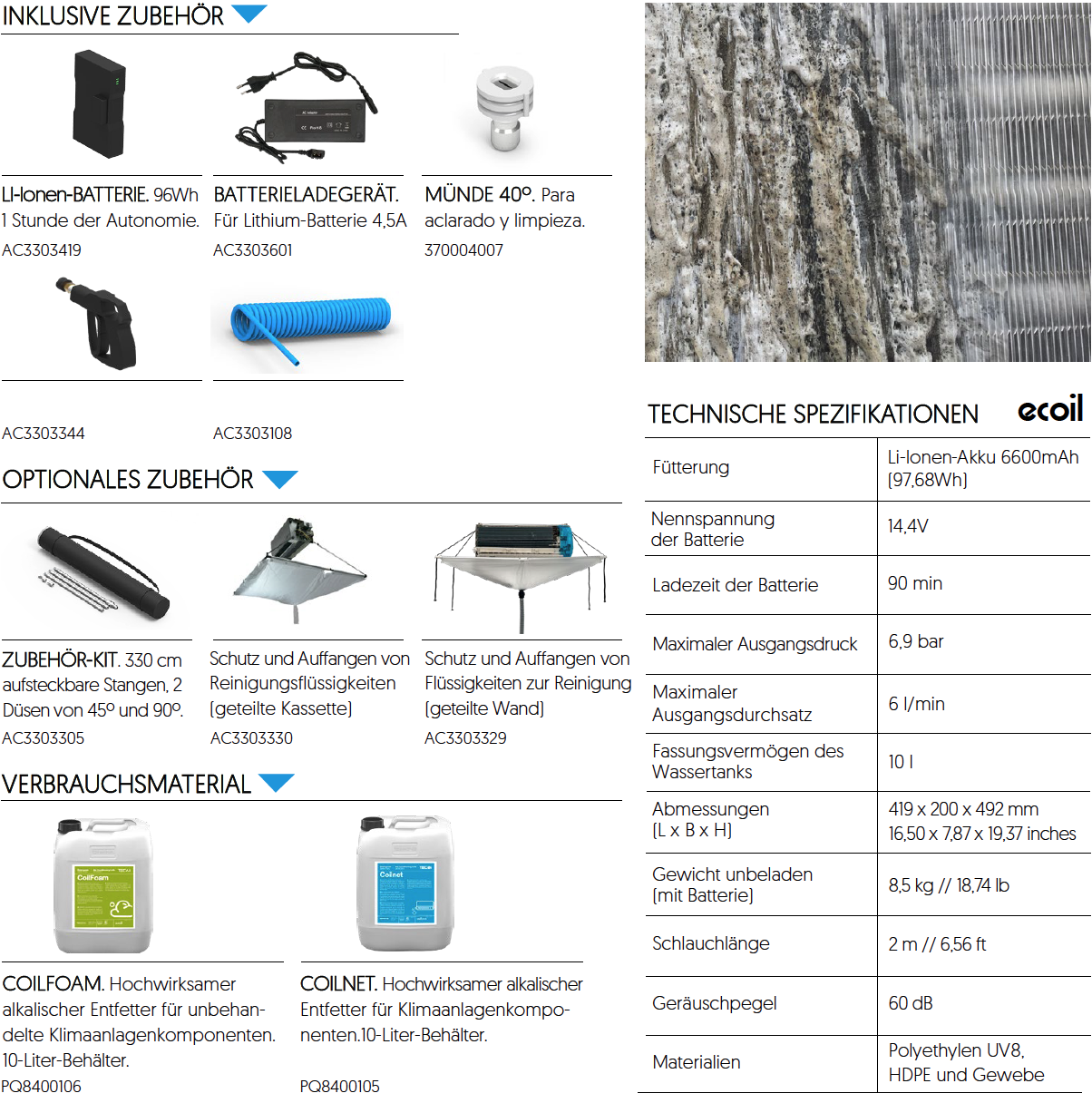 Gerät für Reinigung von Klimaanlagen, Kühlregistern, Verdunstungskühlanlagen, Splitklimaanlagen, Fancoils